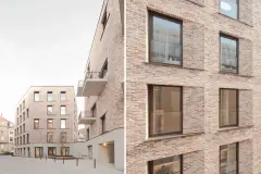 The facade of the Half-long Charles buildings in Ludwigsburg feature interesting details such as a plinth that unifies the three separate towers, and a chamfered window edge detail. Photo: Brigida González