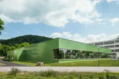 Green glass mosaic facade on extension of sports centre in Heidelburg, Germany completed in 2014