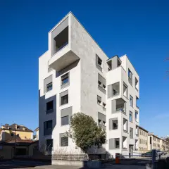 View of building at Via Aslago, after renovation and vertical extension