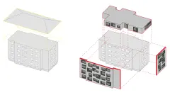 Illustration of the original building, roof removed, and the new facade and vertical extension details added